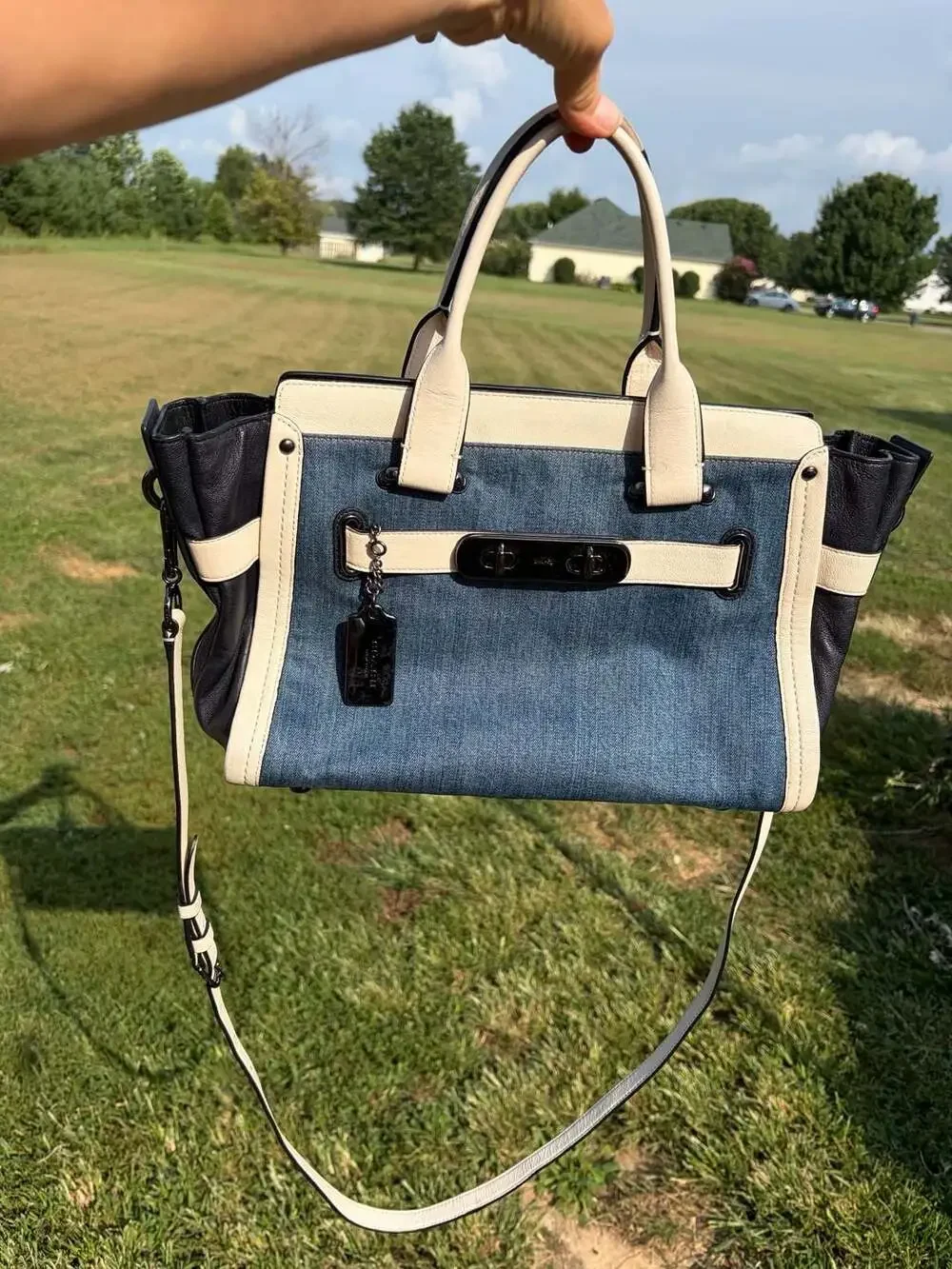 Coach Soft Swagger 27 Satchel in Denim and Chalk White Leather